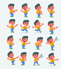 Cartoon character white little boy. Set with different postures, attitudes and poses, doing different activities in isolated vector illustrations