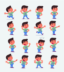Cartoon character white little boy. Set with different postures, attitudes and poses, doing different activities in isolated vector illustrations