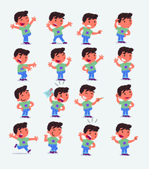 Cartoon character white little boy. Set with different postures, attitudes and poses, doing different activities in isolated vector illustrations