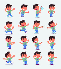 Cartoon character white little boy. Set with different postures, attitudes and poses, doing different activities in isolated vector illustrations