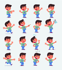 Cartoon character white little boy. Set with different postures, attitudes and poses, doing different activities in isolated vector illustrations