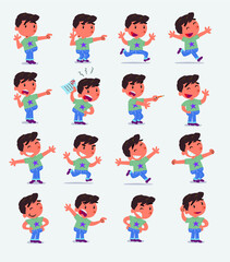 Cartoon character white little boy. Set with different postures, attitudes and poses, doing different activities in isolated vector illustrations