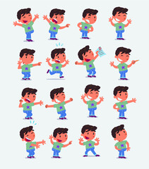 Cartoon character white little boy. Set with different postures, attitudes and poses, doing different activities in isolated vector illustrations