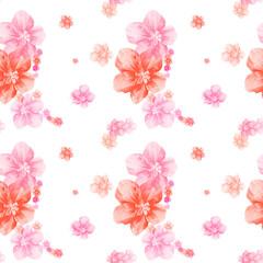 Abstract seamless red toned japanise sakura flower pattern illustration on white background.