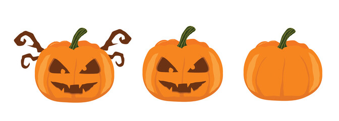 Bright orange carved vector Halloween pumpkins on white background