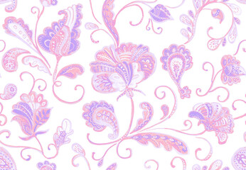 Paisley watercolor floral pattern tile: flowers, flores, tulips, leaves. Oriental indian traditional hand painted water color whimsical seamless print, ceramic design. Abstract india batik background