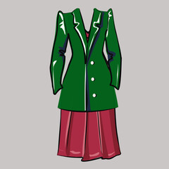 Basic wardrobe, clothing. Dress and jacket. Clothing store. Isolated vector objects.