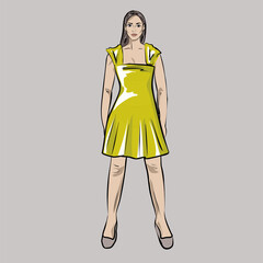 Girl, doll with a set of clothes. Elegant bright dress. Capsule basic wardrobe for a woman. Minimalism. Fashion. Big cupboard. Isolated vector objects.
