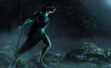 3d render illustration of fantasy werewolf monster creature in dark foggy woods. © breakermaximus