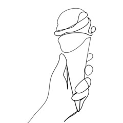 Continuous line, The woman holding the ice cream by hand. Drawing of set Food. (Vector illustration one line drawing)