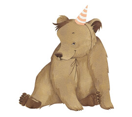 cute watercolor bear cub in a festive hat. clipart, postcard, a poster for a children's room, or a print for a fabric