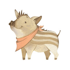 perky watercolor striped pig. clipart, postcard, a poster for a children's room, or a print for a fabric