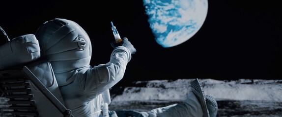 Back view of lunar astronaut having a beer while resting in a beach chair on Moon surface, saluting to Earth - obrazy, fototapety, plakaty