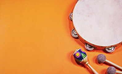 Percussion music, flat lay template with copy space for text