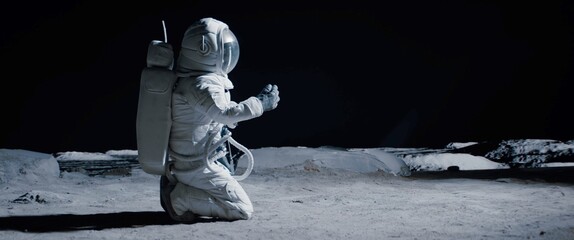 CU Portrait of Caucasian female lunar astronaut finds something and kneels while exploring Moon surface. Shot with 2x anamorphic lens - obrazy, fototapety, plakaty