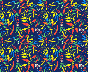 Seamless floral pattern. Tropical background of rainbow leaves with white berries. Leaf on navy blue a background. Stock vector for printing on surfaces and web design.