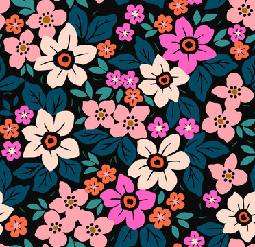 Cute floral pattern in the small abstract flowers. Seamless vector texture. Elegant template for fashion prints. Printing with small white and pink flowers. Black background.
