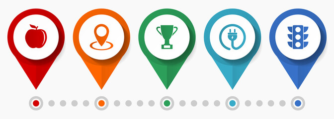 Technology, information, travel concept vector icon set, flat design pointers, infographic template