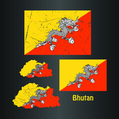 Bhutan Flag with Map in grunge texture. Vector template.