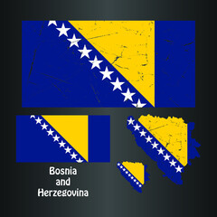 Bosnia and Herzegovina Flag with Map in grunge texture. Vector template.