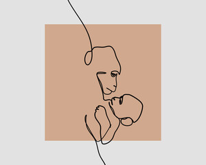Continuous line, Mother monkeys take care of baby monkeys. Drawing of set Animals. (Vector illustration one line drawing)