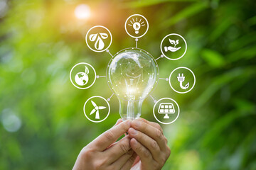 Light bulb Energy saving green nature background with icons 