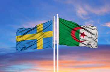 Algeria and Sweden flags against of blue sky