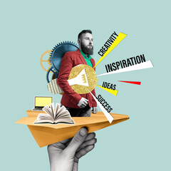 Concept of creativity, inspiration, ideas. Art collage with business ideas. - obrazy, fototapety, plakaty