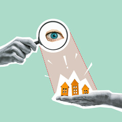 Collage with a magnifying glass and paper houses on hand. Real estate search concept.