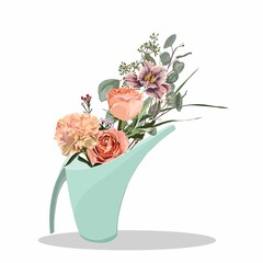 Spring colorful flower Bouquets in watering cans for your design. Flat style illustration for greeting and invitation cards, poster, banner, flyer.