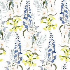 Spring bouquets on the white background. Seamless pattern with delicate flowers. Tulips, berries and herbs. 