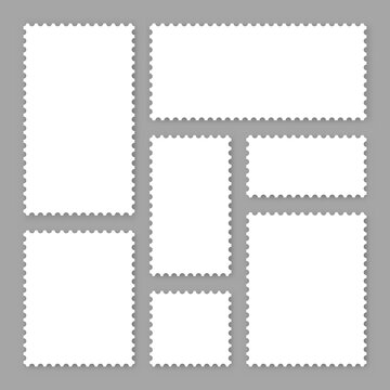 Blank white postage stamps collection. Sticky paper stamp. Vector illustration.