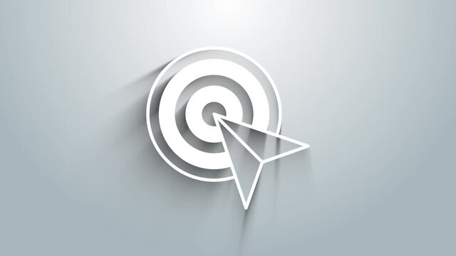 White Target financial goal concept icon isolated on grey background. Symbolic goals achievement, success. 4K Video motion graphic animation