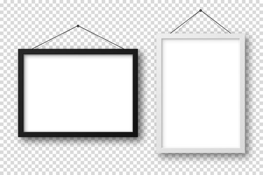 Realistic black and white picture frames with shadow on checkered background. Hanging on a wall blank poster mockup. Empty photo frame. Vector illustration.