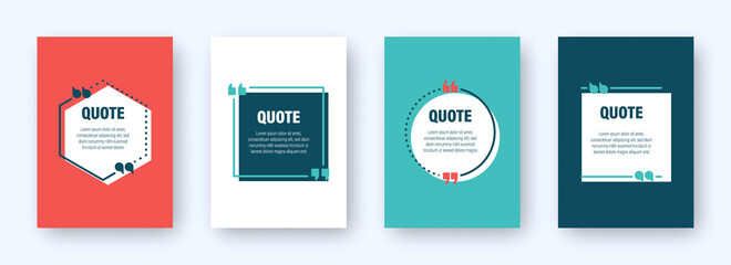 Set of colorful banners with quote frames. Speech bubbles with quotation marks. Blank text box and quotes. Blog post template. Vector illustration.