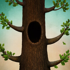 Fantasy fabulous oak tree for postcard or poster  with branches, leaves, acorn and hollow.  © annamei