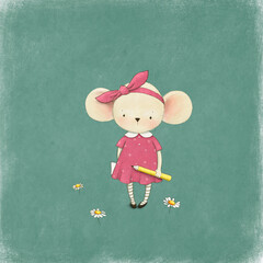 Illustration for a poster or postcard with a little mouse going to school.  - obrazy, fototapety, plakaty