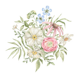 Watercolor bouquet with elegant flowers, branches and leaves isolated on white. Summer wild flower, floral arrangements, meadow flowers