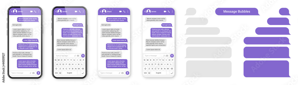 Wall mural realistic smartphone with messaging app. blank sms text frame. conversation chat screen with violet 