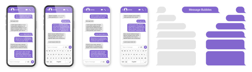 Realistic smartphone with messaging app. Blank SMS text frame. Conversation chat screen with violet message bubbles. Social media application. Vector illustration.