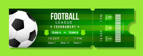 Football league tournament ticket banner vector illustration. Soccer Ticket design