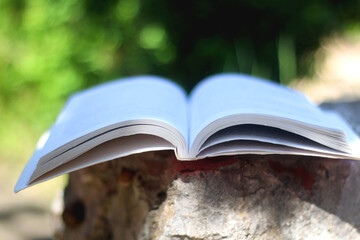 Open book in a garden. Selective focus. 
