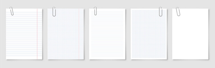 Realistic blank paper sheets in A4 format with metal clip, holder on gray background. Notebook page, document. Design template or mockup. Vector illustration.