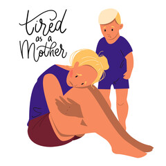 Sad mother sitting on the floor with her crying child. Postpartum depression concept. Colorful vector illustration in flat cartoon style.
