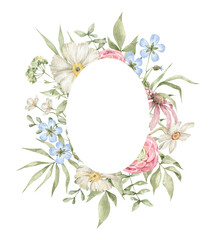 Watercolor frame with elegant bright summer meadow flowers, herbs and wild leaves. Wildflower rustic bouquet. Frame for wedding invitation, cards, covers. Lush foliage