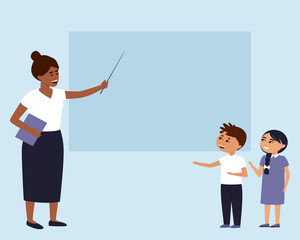School theme frame with teacher and students. The teacher points to the board with a pointer. Children look closely at the teacher. Flat vector illustration.