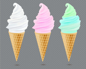 Ice cream set made in realistic cartoon style. Vanilla, strawberry, mint flavours. Waffle cone elements.
