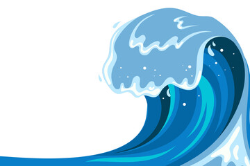 Tsumani wave background in flat cartoon style. Big blue tropical water splash with white foam. Vector illustration