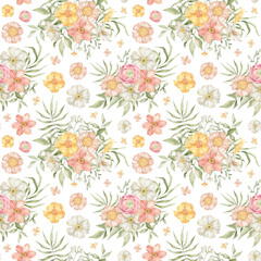 Watercolor seamless pattern with wild summer flowers in pink and yellow colors. Meadow wild flower and foliage, leaf, plants. Spring bouquets. Floral background for wallpaper, paper, textile, package