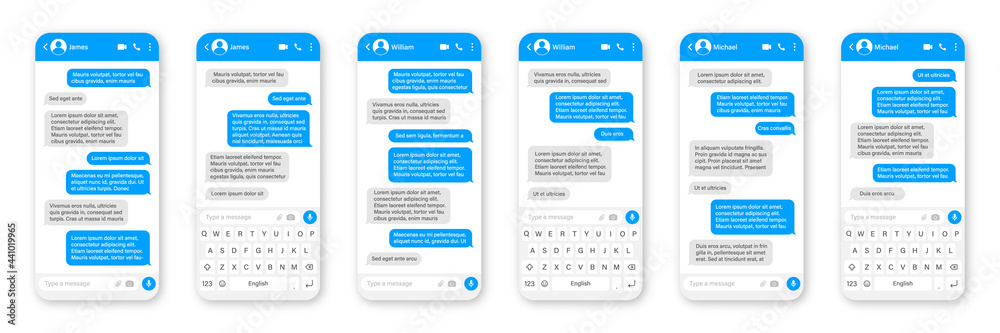 Wall mural messaging app design, user interface. sms text frame. conversation chat screen with blue message bub